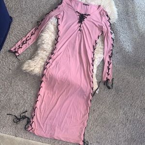Salmon pink lace up bodycon midi dress size m